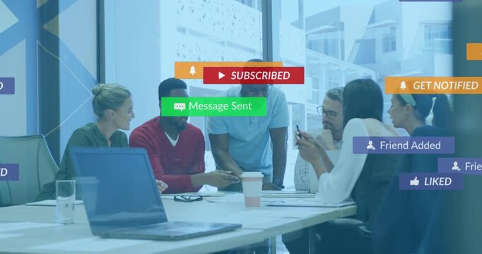 Business meeting man leading, woman tapping phone, badges showing metrics, obscuring then settling