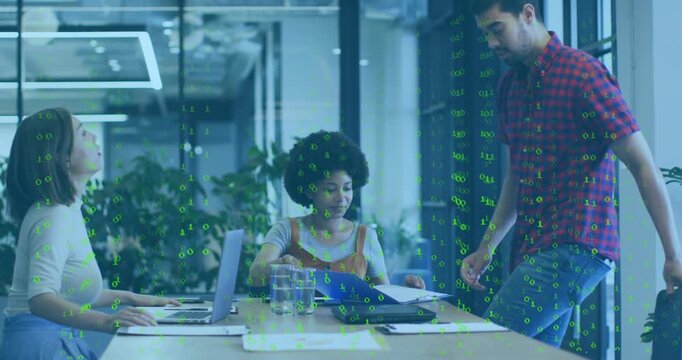 Center woman opening blue folder and sorting docs while biz team leaning in, green binary overlay