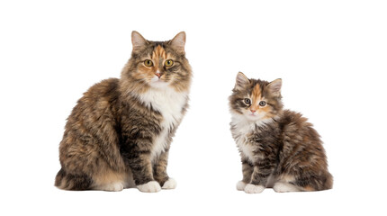Fluffy calico mother cat and her adorable kitten sitting together, isolated PNG on transparent background, domestic feline pets © Irina
