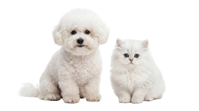 Adorable fluffy white Bichon Frise puppy and cute Persian kitten sitting together, isolated on a transparent background for pet-themed designs