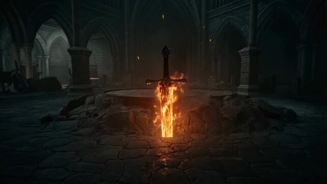 Static slow motion shot of sword with fire rising from stone altar in gothic crypt chamber interior