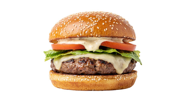 Delicious gourmet cheeseburger with melted cheese, fresh lettuce, ripe tomato, and a juicy beef patty, isolated PNG on transparent background, perfect for menu design