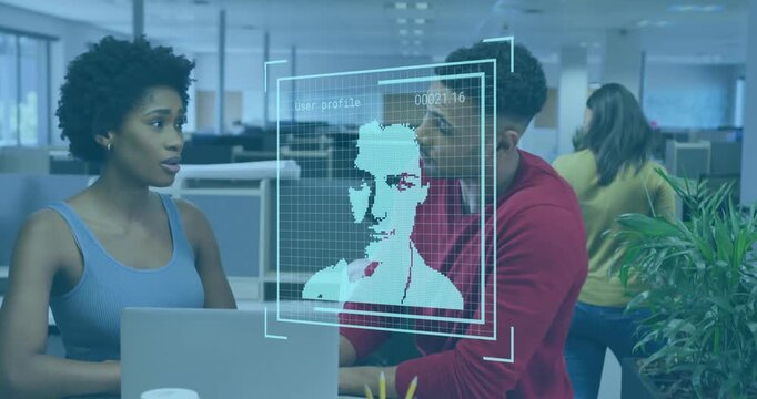 Woman typing laptop man leaning pointing AR face panel centering between them for security check