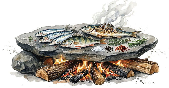 Campfire Grilled Sardines: Rustic Whole Fish Cooking on Hot Stone Over Open Fire Illustration
