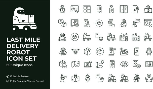 Last mile delivery robot icon set with smart logistics transportation technology symbols for mobile apps websites and digital interfaces