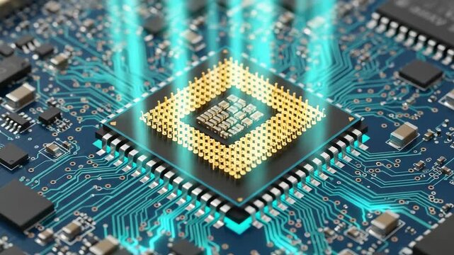 CPU Processor Chip with Blue Light Beams on Circuit Board