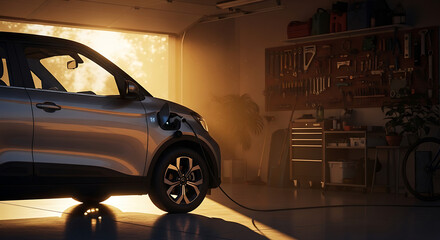 Fototapeta premium A silver electric car charging in a dimly lit garage with tools