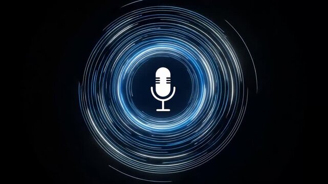 Audio Waveform: An abstract, high-tech representation of audio, with concentric circles of light radiating outwards from a microphone icon, suggesting sound, voice, recording or communication