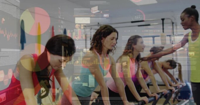 Pilates women on reformers hinging hips on trainer cueing, getting posture cues, HUD overlaying