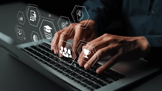 Hands typing on a laptop with digital icons representing education, collaboration, and technology in a modern workspace setting. Gluon.