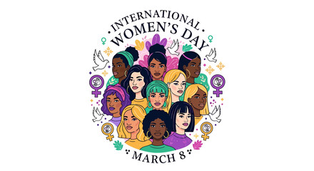 Naklejka premium A circular illustration celebrating international women's day with diverse women and peace symbols
