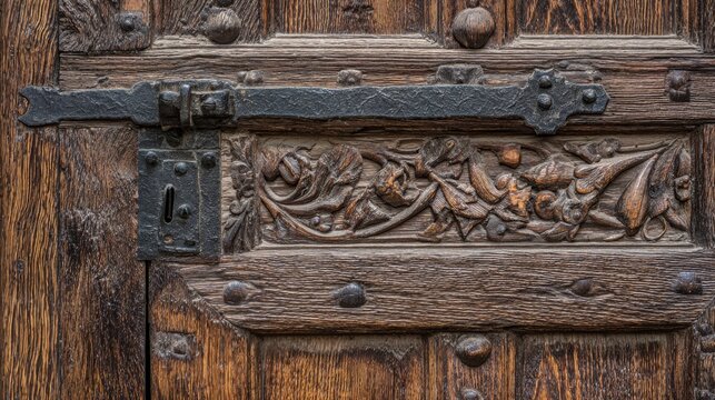 Close-up side view of an ancient wooden door, showcasing intricate carvings on the door jamb and a heavy metal hinge. Textured wood grain, detailed craftsmanship, soft directional light.