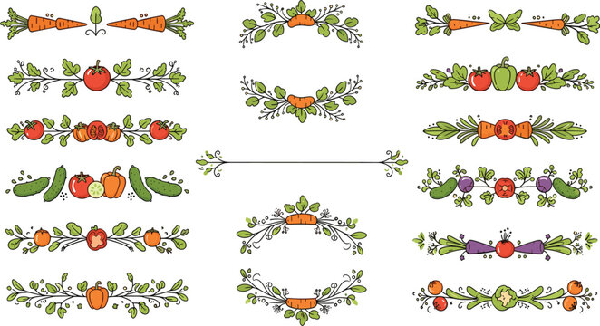 Hand drawn vector illustration set of decorative dividers and borders featuring tomatoes carrots cucumbers and peppers for organic kitchen and garden menu designs.