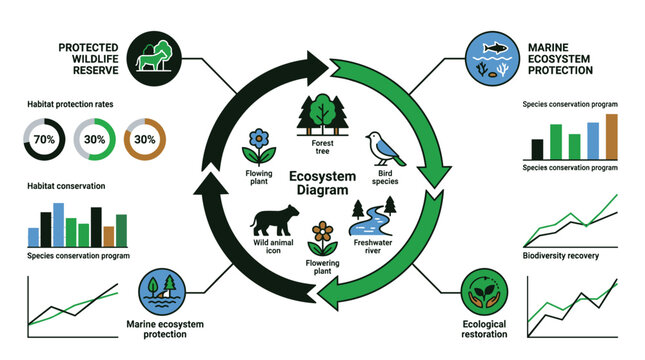 Ecosystem diagram showing protected wildlife reserve and marine ecosystem protection