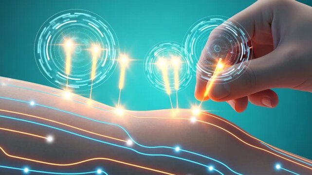 Hand Touching Digital Interface with Light Bulb Icons Innovation Concept