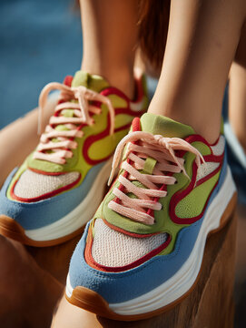 Person wearing colorful chunky sneakers on a sunny day