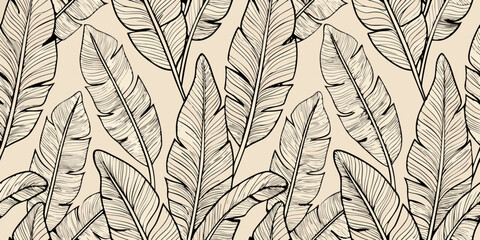 A seamless pattern of detailed stylized banana leaves in monochrome © MituRani