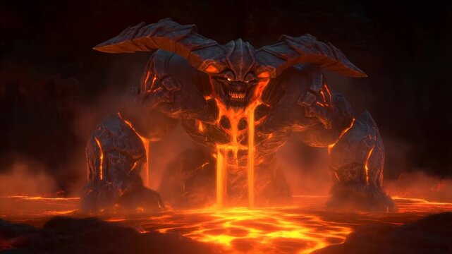 Slow tracking tilt dolly motion of magma monster rising and emerging through molten lava in volcanic crater at night