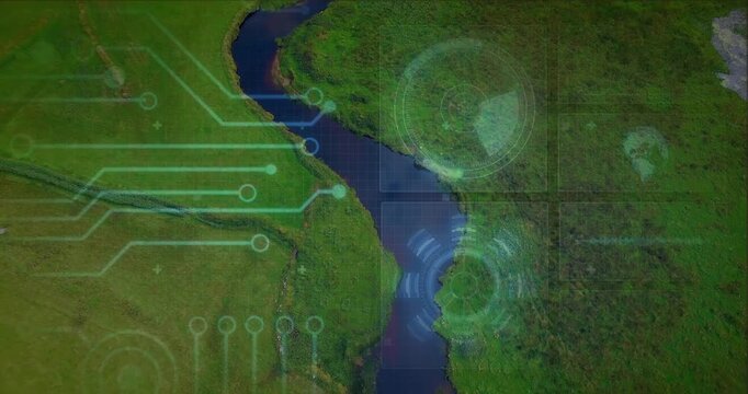 Winding river running through pasture, tech scan activating circuit HUD overlays mapping wetland