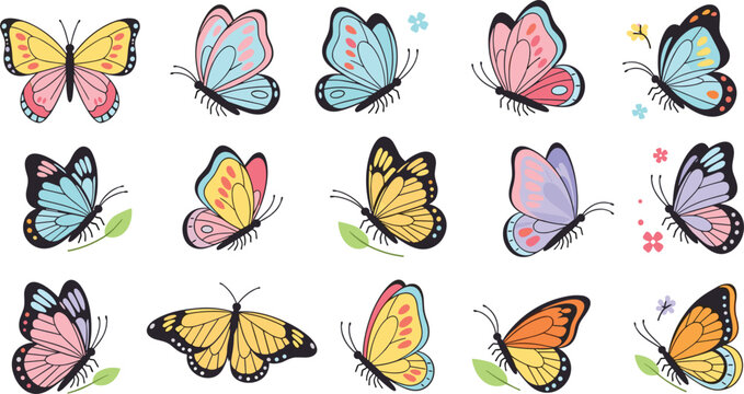 Colorful butterfly vector illustration collection featuring various species in pastel colors with decorative floral elements and leaves for spring and nature design themes.