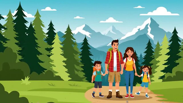 Happy family hiking in cartoon style with forest and mountain backdrop enjoying outdoor adventure together animated flat design