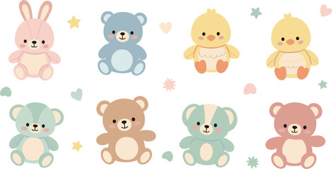 Fototapeta premium Cute Baby Animal Toy Illustration Set with Teddy Bears, Bunny and Chick, Soft Pastel Plush Characters for Kids Nursery and Children Design Collection
