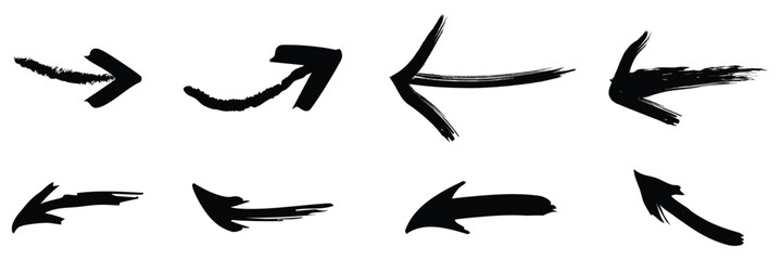 Obraz premium Bold Hand drawn grunge arrow collection vector isolated brush strokes, black arrows vector set, Straight and thick directional arrow symbols set eps 10.