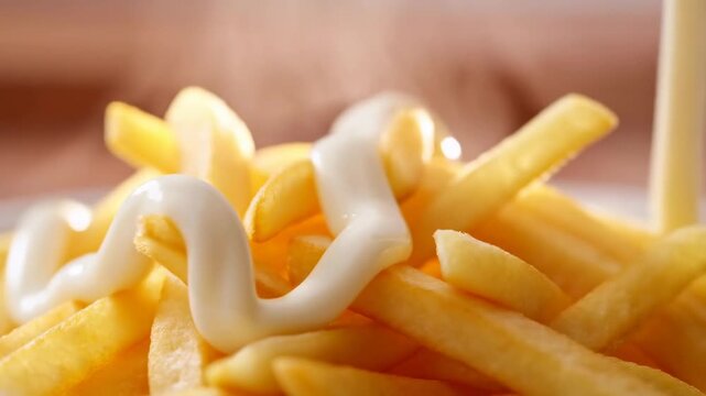 Slow motion close up macro of mayonnaise pouring and drizzling over french fries on plate in kitchen setting