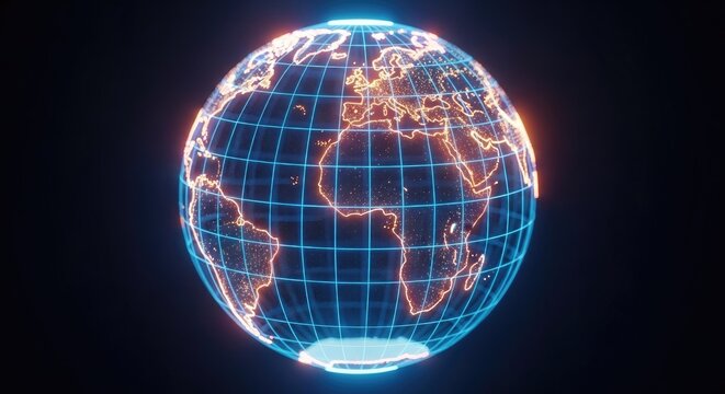 Glowing digital globe depicting continents and gridlines against a dark background