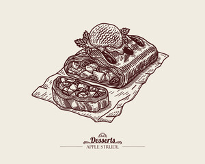 Apple Strudel with Walnuts and Raisins. Traditional Austrian Dessert. Apfelstrudel. Dessert with Puff Pastry and One Ball Ice Cream. Line art Illustration, Sketch Style. © inna72