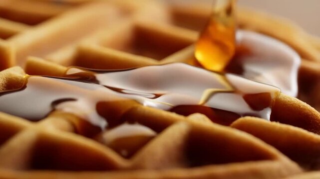 Slow motion close up of syrup pouring and pooling over waffle grid on plate at kitchen table during morning breakfast