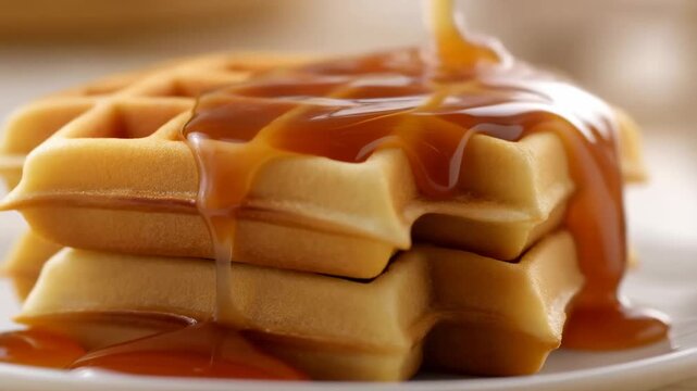 Slow motion close up static shot of syrup being poured over stacked waffles on plate in kitchen tabletop breakfast setting