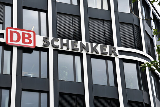 Essen, North Rhine-Westphalia, Germany - May 15, 2025: Headquarters of DB Schenker company Essen - Schenker is ia division of German rail operator Deutsche Bahn AG that focuses on logistics