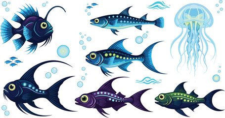 Fototapeta premium Deep Sea Marine Creatures Set with Anglerfish Lanternfish Jellyfish and Glowing Ocean Fish Underwater Wildlife Vector Illustration Collection