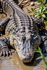 Obraz premium A massive saltwater crocodile resting on a muddy riverbank, its jaws wide open to regulate heat.