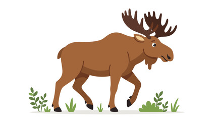 Obraz premium A moose strolling through the forest, a sizable wild elk with wide antlers, seen from the side in a cute profile, depicted as a flat vector illustration against a white background