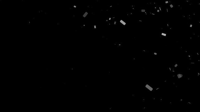 Heavy white rectangular debris particles float down slowly from top to bottom on a black background