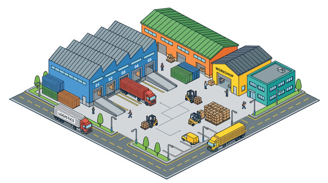 A collection of freight transport warehouses in various shapes, depicted in isometric, colorful line art
