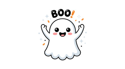 Fototapeta premium A cute, happy Halloween ghost smiles brightly, exuding a cheerful, joyful vibe, with arms raised in a kawaii, friendly spook style, rendered as an isolated, childlike flat vector