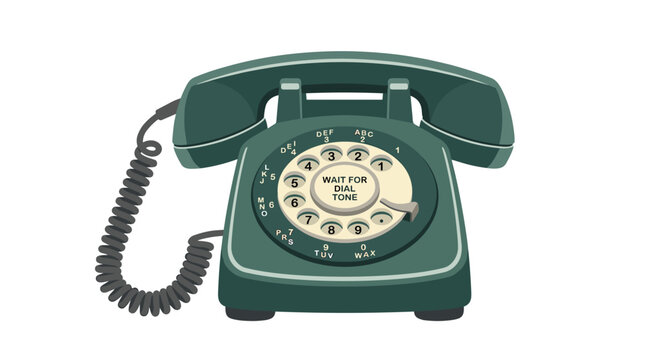 A vintage rotary-dial telephone with headset, reminiscent of a 1954 desk set from the 1950s and 1960s, depicted as a flat vector illustration on a white background