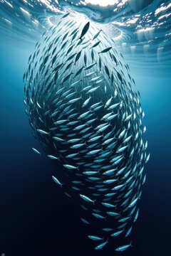 A massive school of silvery sardines forming a defensive bait ball as predators circle in the ocean.