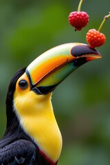 Fototapeta premium A close up of a toucan tossing a bright berry into the air and catching it in its oversized bill.
