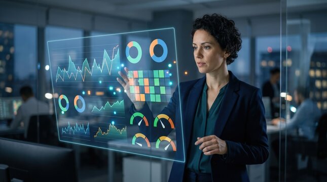 Medium shot featuring a fintech expert monitoring realtime metrics on a virtual dashboard highlighting key performance indicators with surrounding elements subtly blurred.