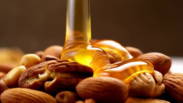 Slow motion close up pan of honey pouring over assorted nuts on wooden table in studio kitchen