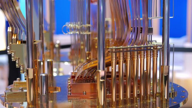 Futuristic quantum PC computer close up, concept qubits and quantum circuits. Powerful supercomputing technology data processing, innovation, deep tech and the future of supercomputer, close up of pc.