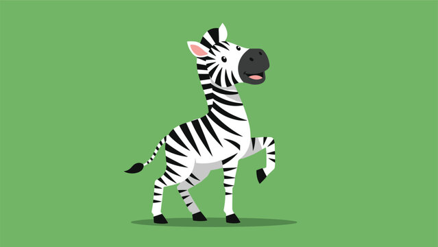 Adorable cartoon zebra with black and white stripes standing on its hind leg against a solid green background for children education.