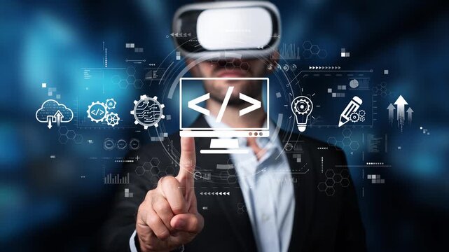 A businessman uses a virtual reality headset to interact with a digital interface, showcasing coding symbols and business concepts in a modern workspace setting. Raster