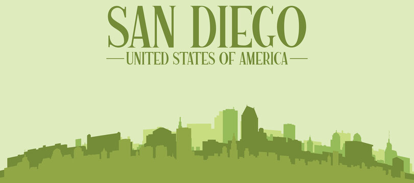 Green panoramic poster of the city skyline with solid background buildings on a hilly terrain of SAN DIEGO, UNITED STATES