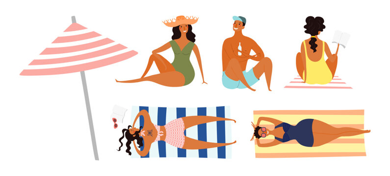 Women, man in swimsuit, sunbathing on beach, talking, reading book, illustration isolated set. Summer holidays, resort. Flat design element, cartoon character collection, hand drawn vector clip art