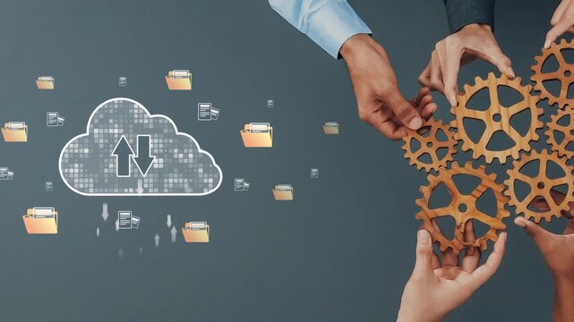 Two hands join together with wooden gears in front of a cloud computing graphic featuring upload and download arrows, illustrating teamwork in digital data management. Raster